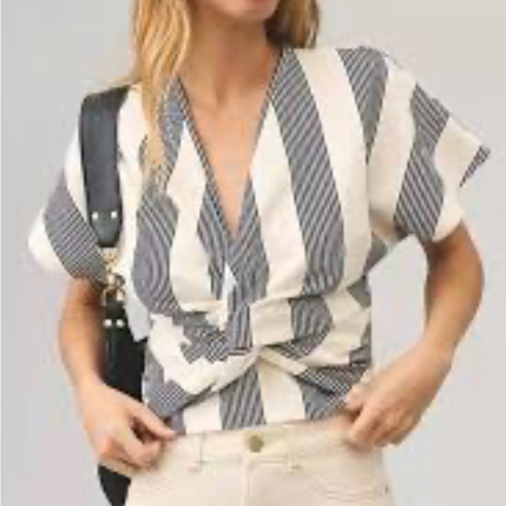 Anthropologie bishop + young Striped Knot Front Blouse - Black and Cream